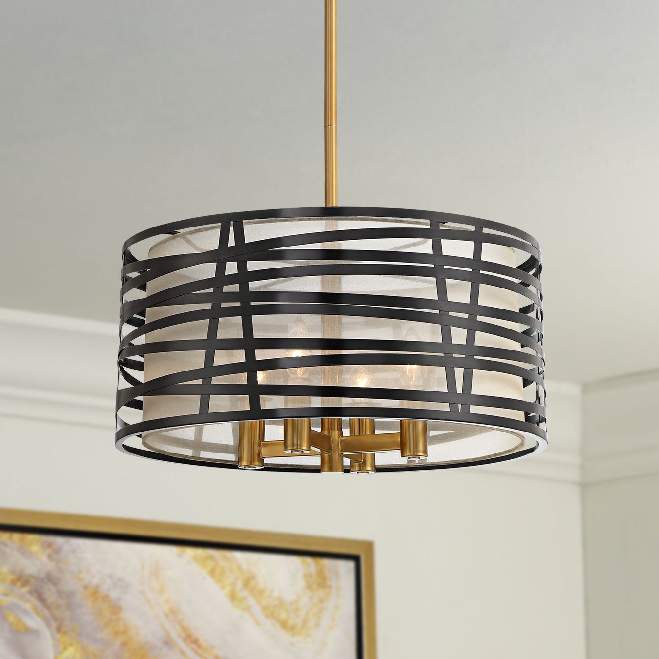 Image Possini Euro Cassia 20" Wide Gloss Black Antique Brass 4-Light Pendant