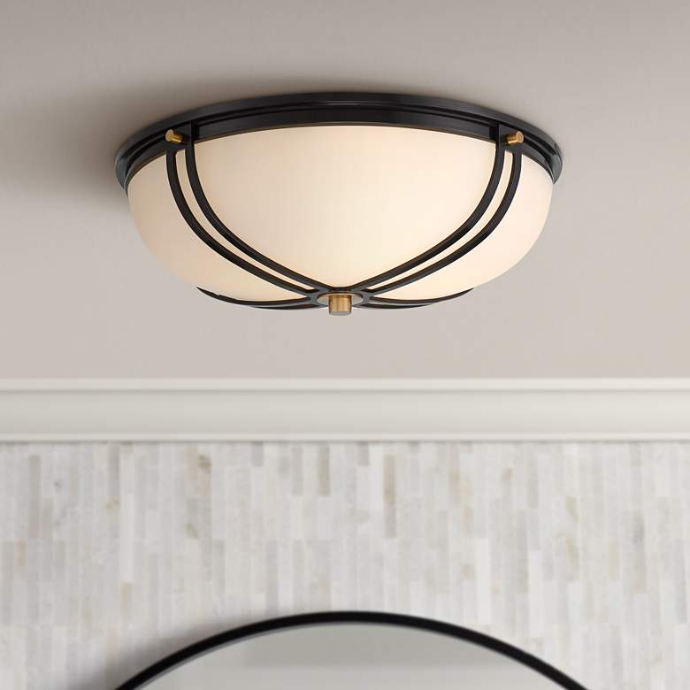 Image 1 Possini Euro Cate 20 inchW Black and Frosted Glass Ceiling Light
