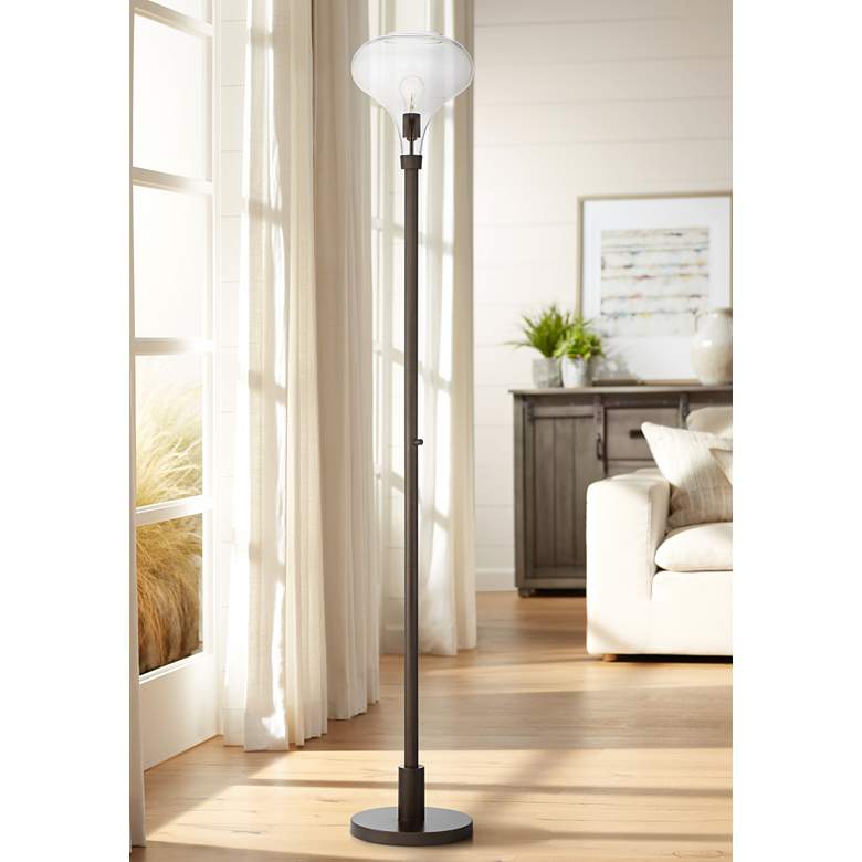 Image 1 Possini Euro Cecil Oil-Rubbed Bronze and Clear Glass Torchiere Floor Lamp