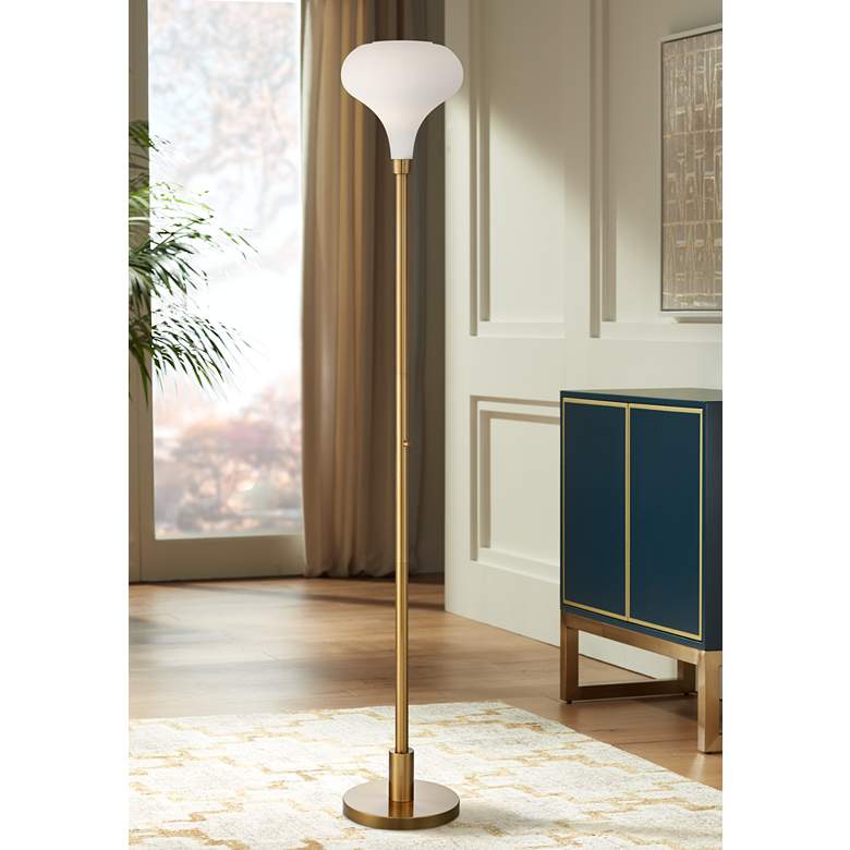Image 1 Possini Euro Cecil Warm Gold and Opal Glass Torchiere Floor Lamp