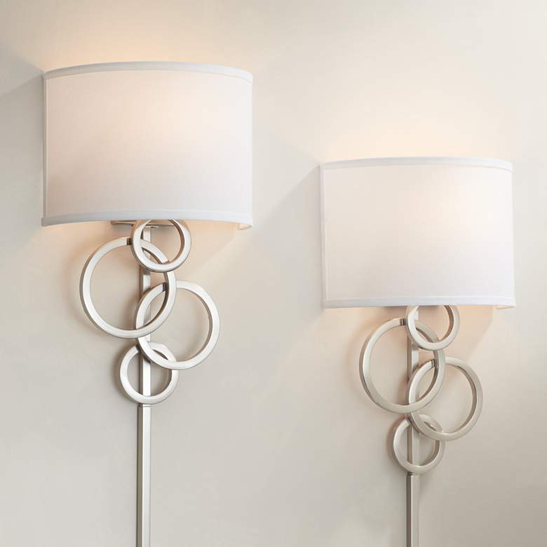 Image 1 Possini Euro Circles Brushed Nickel Plug-In Wall Sconces Set of 2