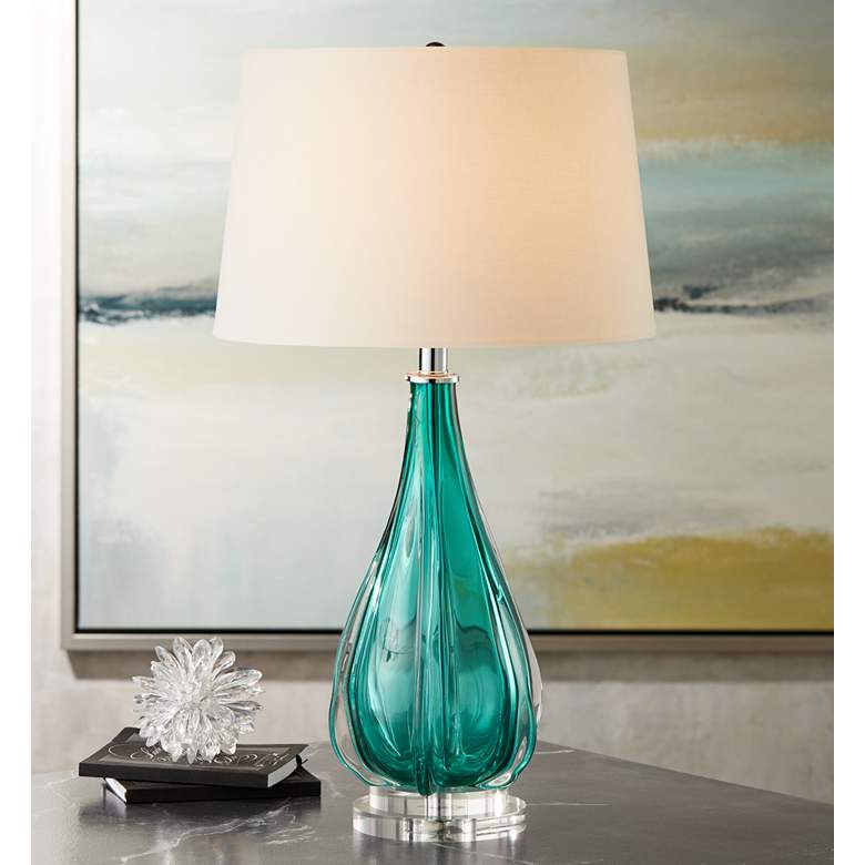 Image 1 Possini Euro Claudette 28 inch High Modern Turquoise Glass Table Lamp