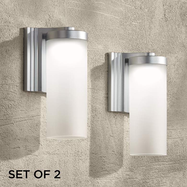 Image 1 Possini Euro Cleo 10 1/2 inch High Silver LED Outdoor Wall Lights Set of 2