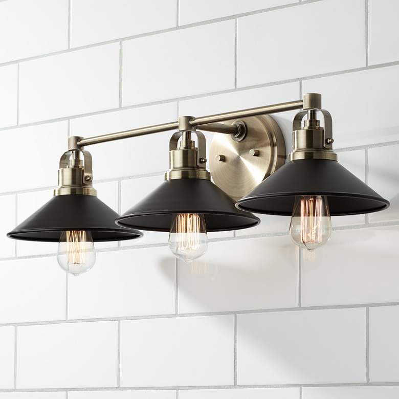 Image 1 Possini Euro Clive 27 inchW Brass and Black 3-Light Bath Light