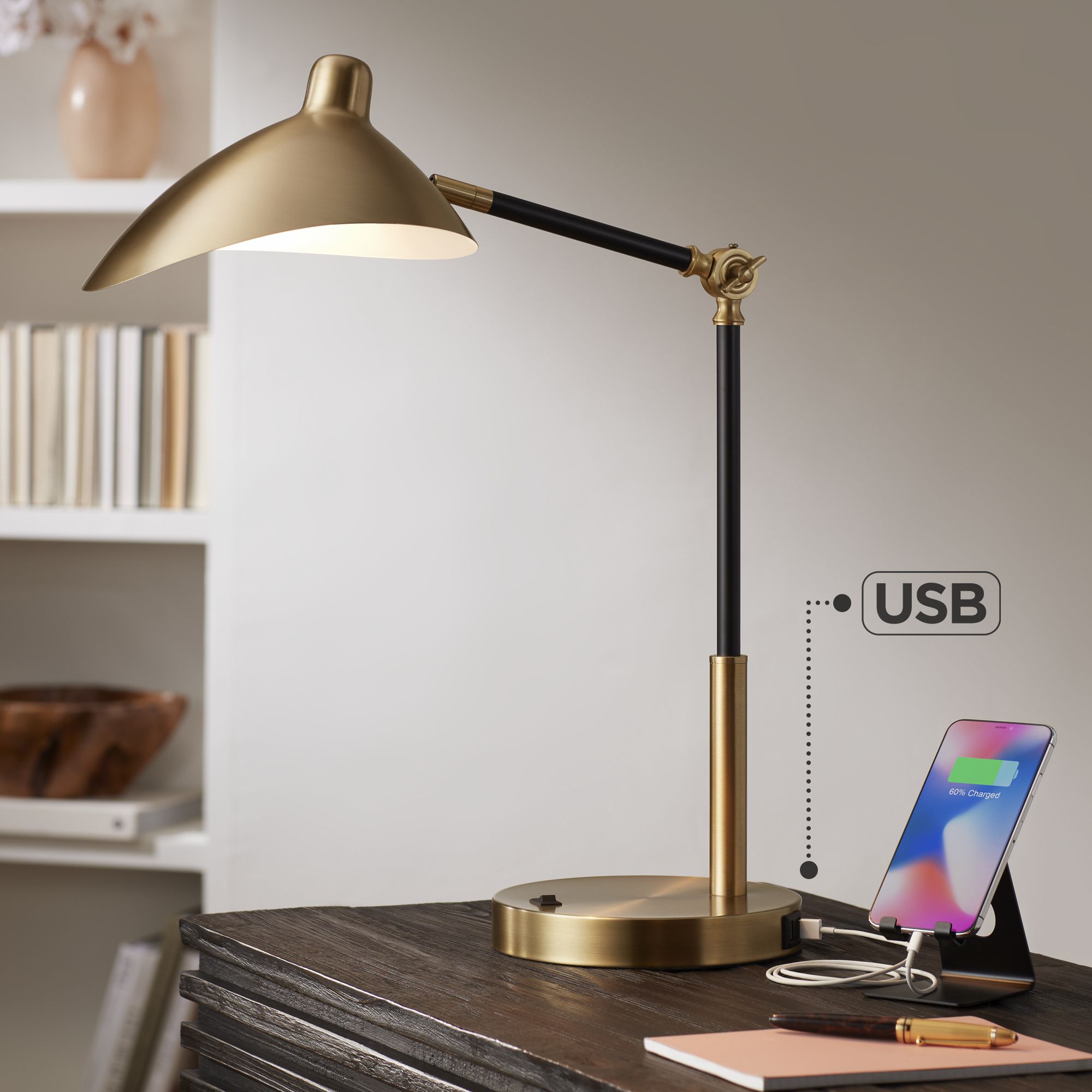 Possini Euro Colborne 28" Black Gold Mid-Century Modern USB Desk Lamp