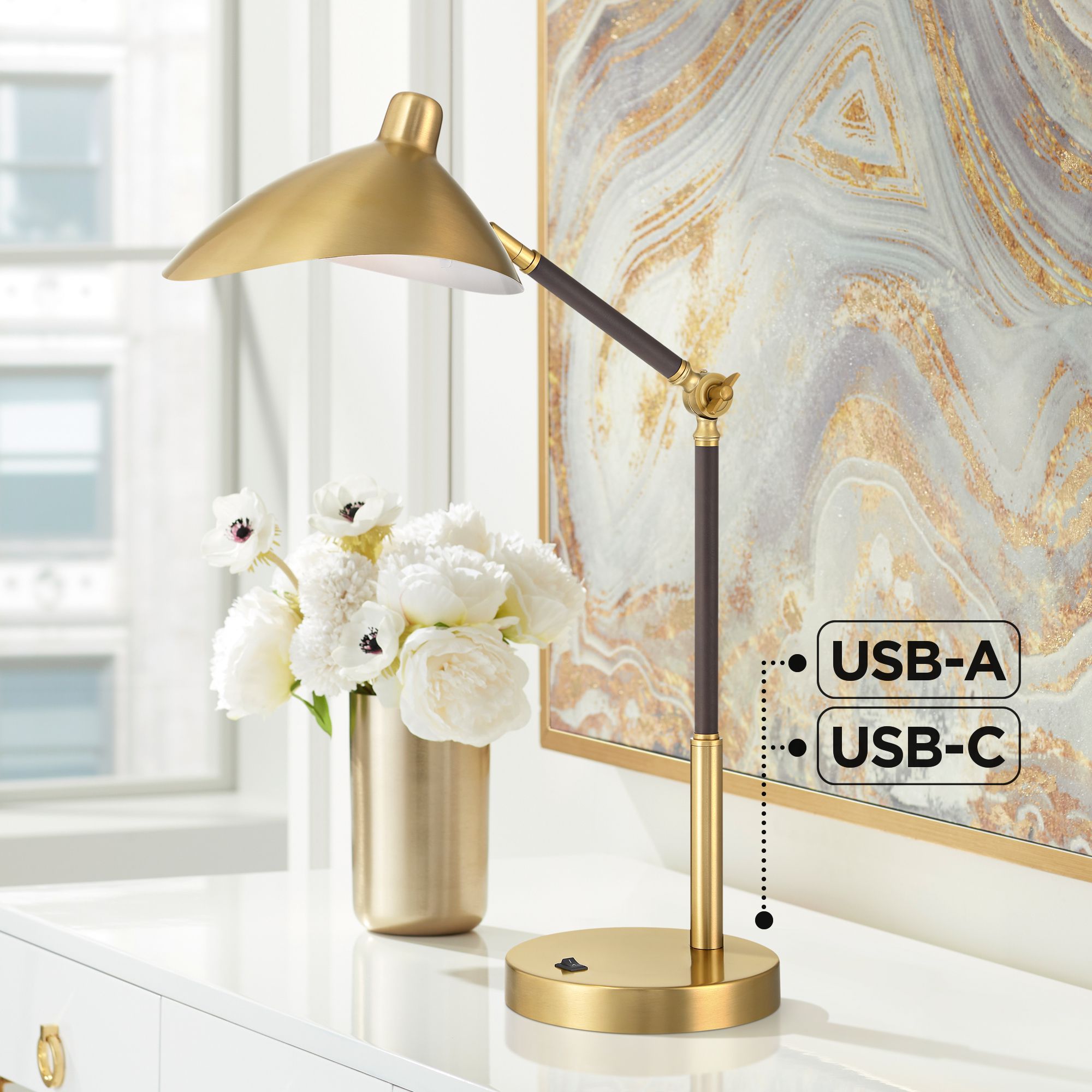 Possini Euro Colborne 28" Leather Wrap Brass Mid-Century Desk Lamp