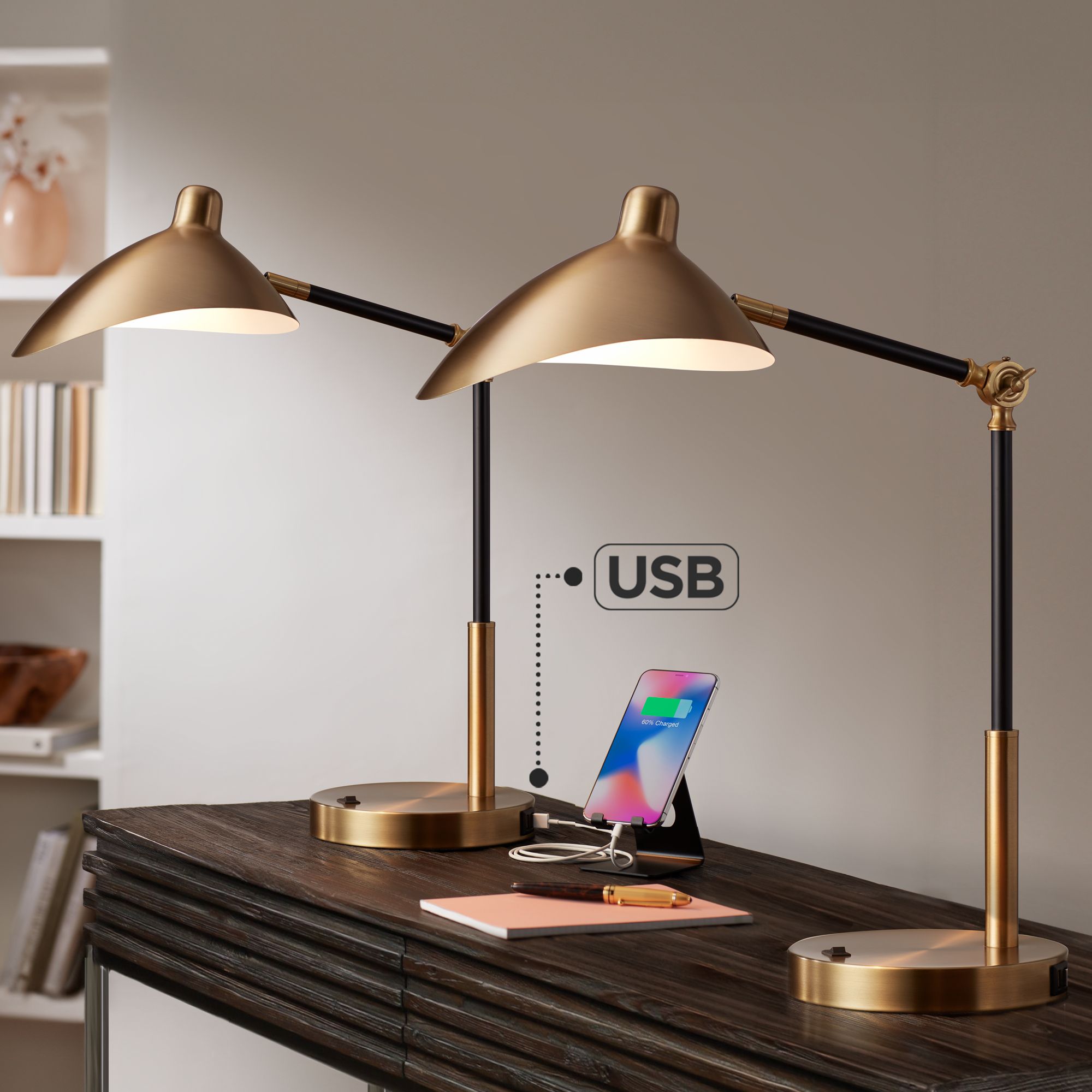 Possini Euro Colborne Adjustable Gold Black LED USB Desk Lamps Set of 2