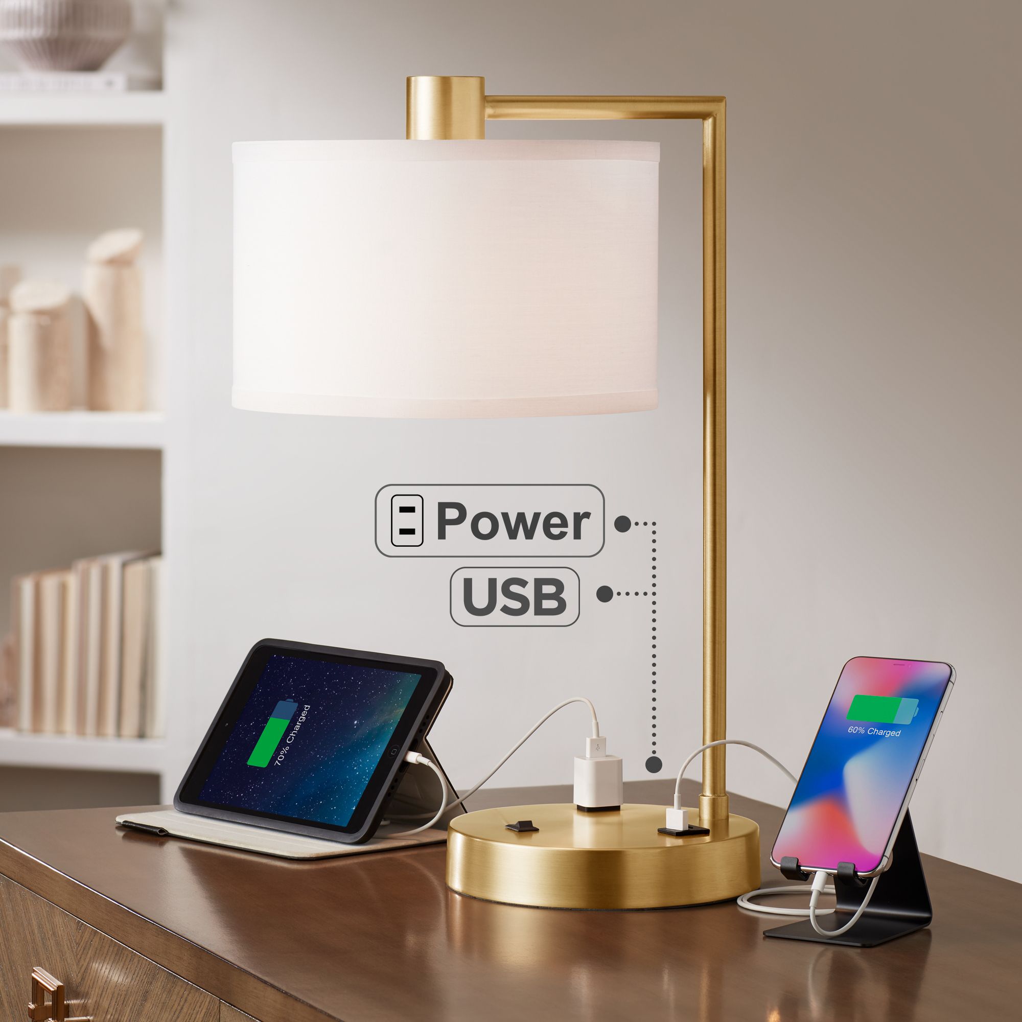 Watch A Video About the Colby Antique Gold Desk Lamp with Outlet and USB Port