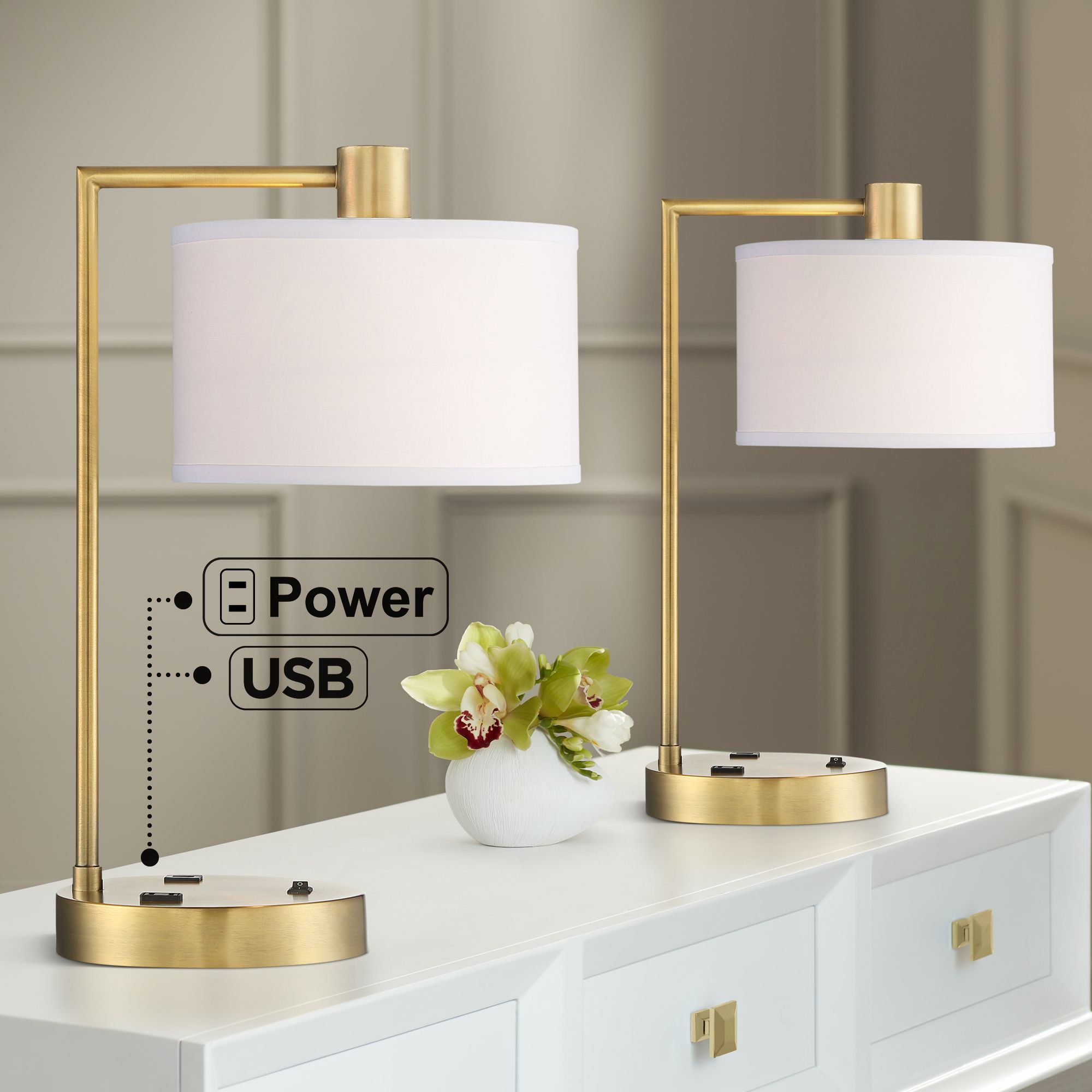 Possini Euro Colby 21" Antique Gold Outlet and USB Desk Lamps Set of 2