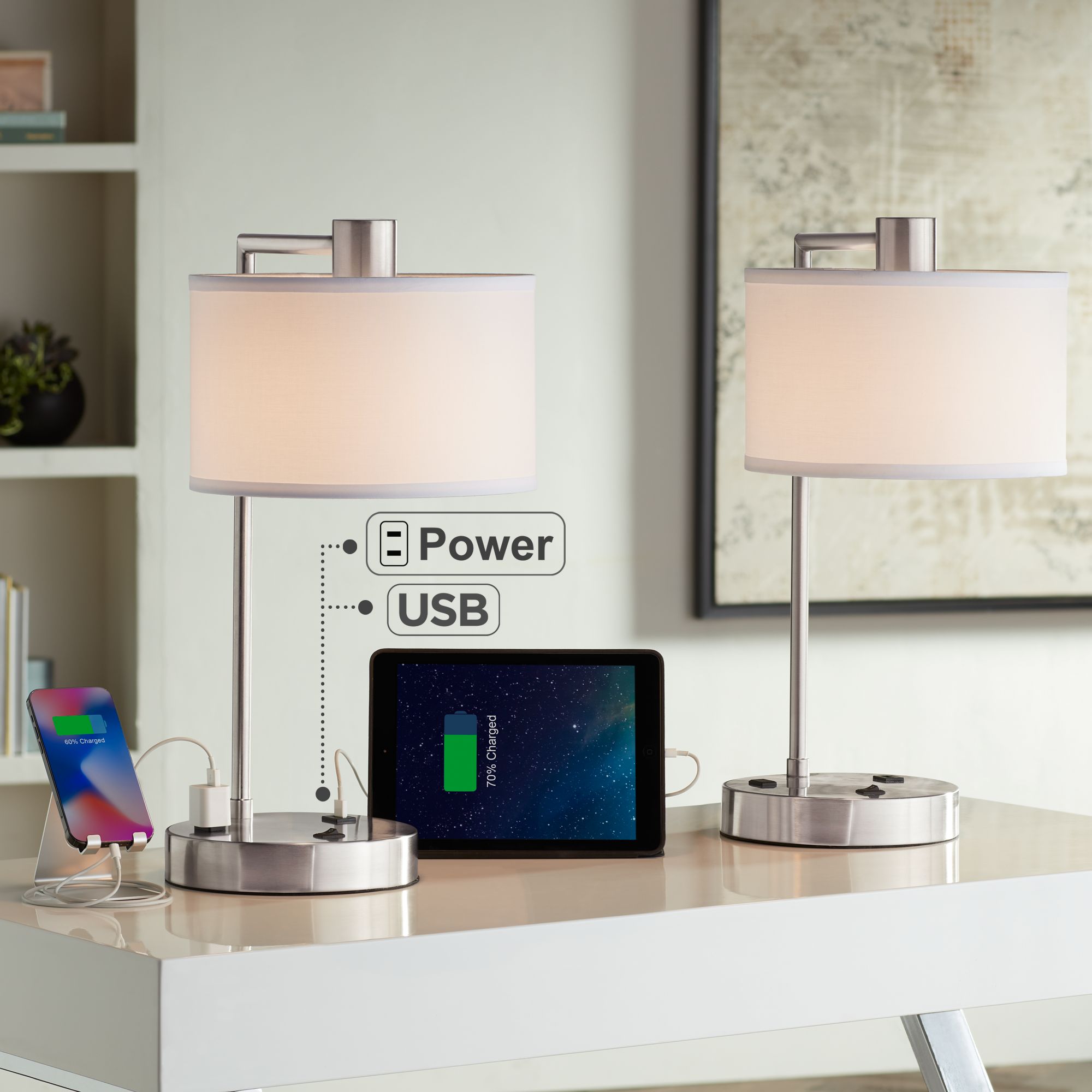 Image 7 Possini Euro Colby 21" Nickel USB and Outlet Desk Lamps Set of 2 more views