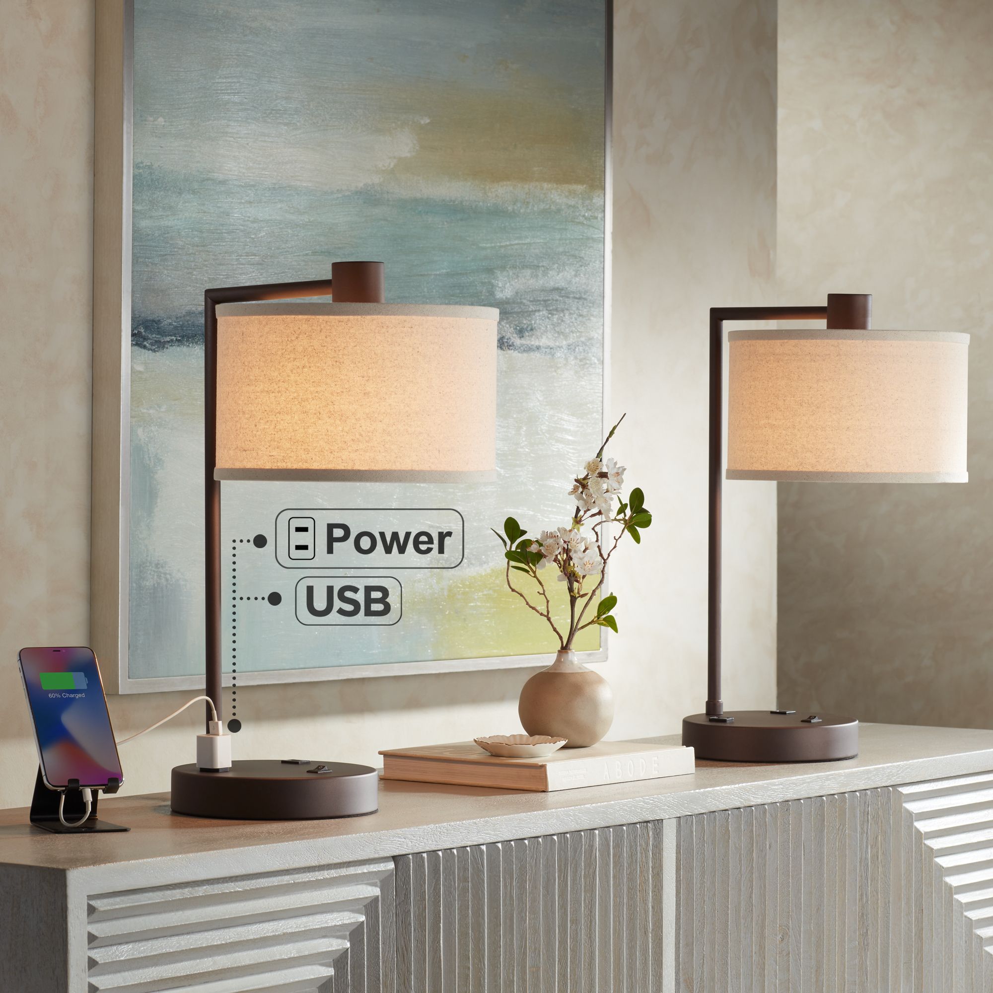 Possini Euro Colby 21" Outlets and USB Bronze Desk Lamps Set of 2