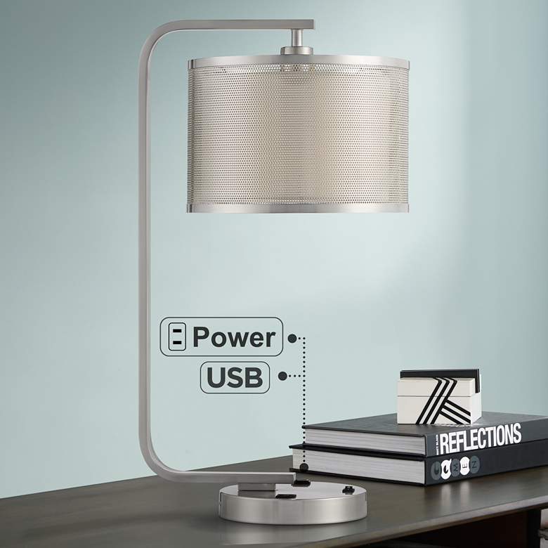 Image 1 Possini Euro Colfax Brushed Nickel Desk Lamp with USB Ports and Outlet
