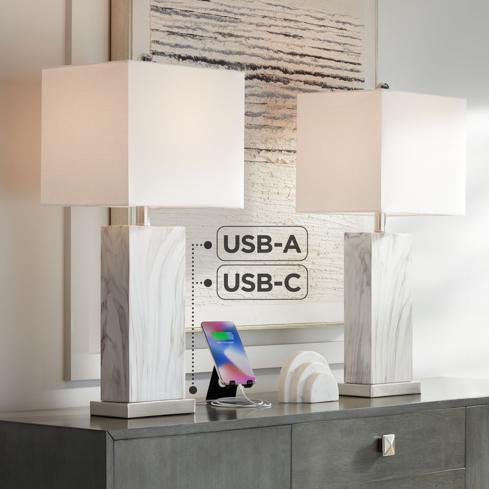 Watch A Video About the Connie White Faux Marble Modern USB Table Lamps Set of 2