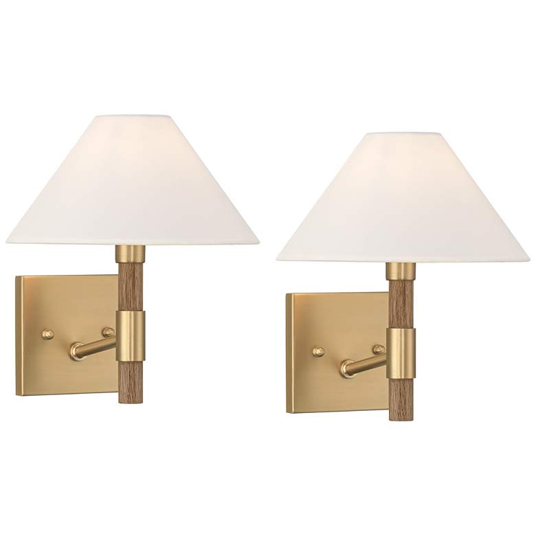 Image 1 Possini Euro Conrad 11"H Brushed Champagne Wood Wall Sconce Set of 2