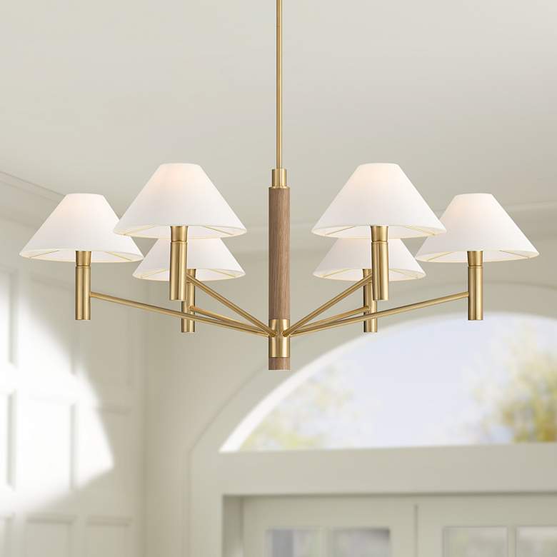 Image 1 Possini Euro Conrad 41 3/4" Wide Warm Gold and Wood 6-Light Chandelier