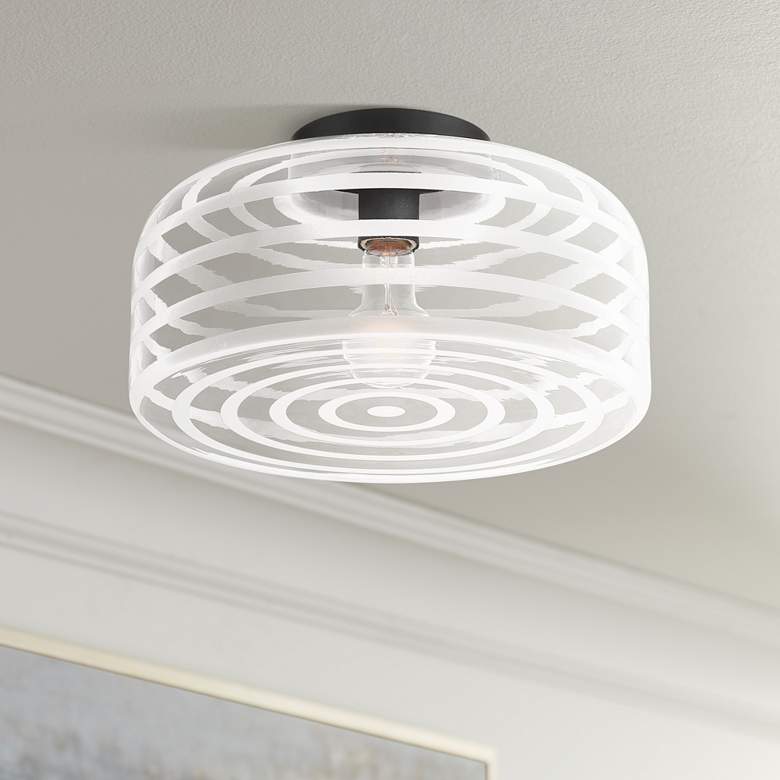 Image 1 Possini Euro Cooper 12 3/4" Wide Black Ceiling Light with Ribbed Glass