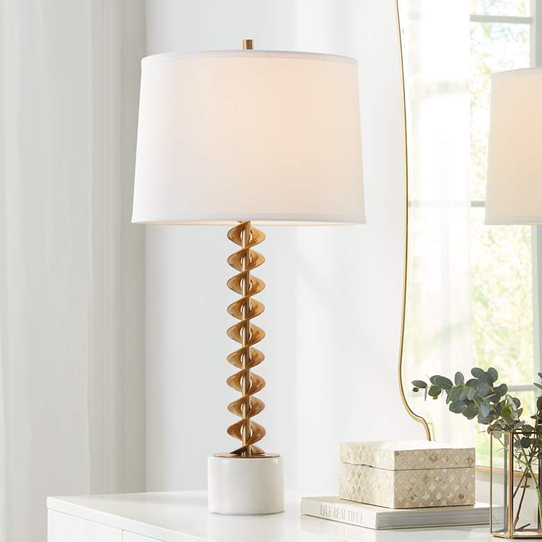 Image 2 Possini Euro Corkscrew Brass and White Marble Table Lamp with Dimmer