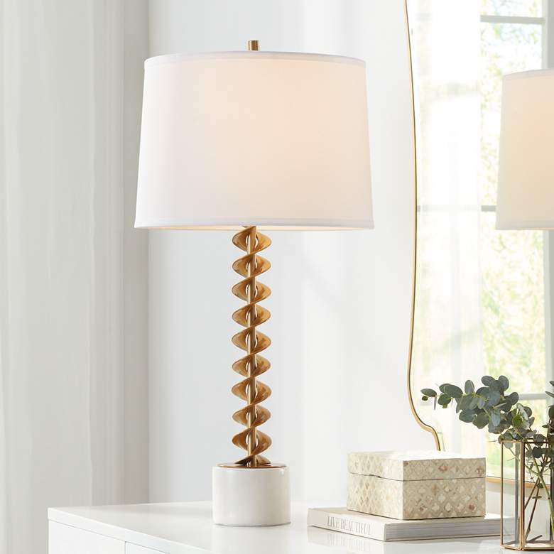 Image 1 Possini Euro Corkscrew Brass and White Marble Table Lamp with Dimmer