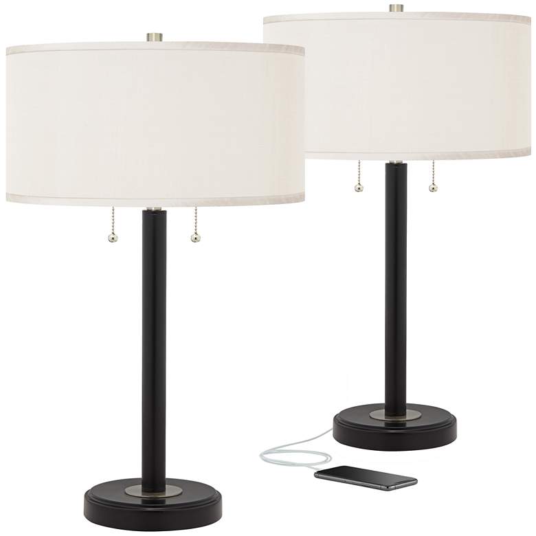 Image 1 Possini Euro Cream Faux Silk and Bronze USB Table Lamps Set of 2