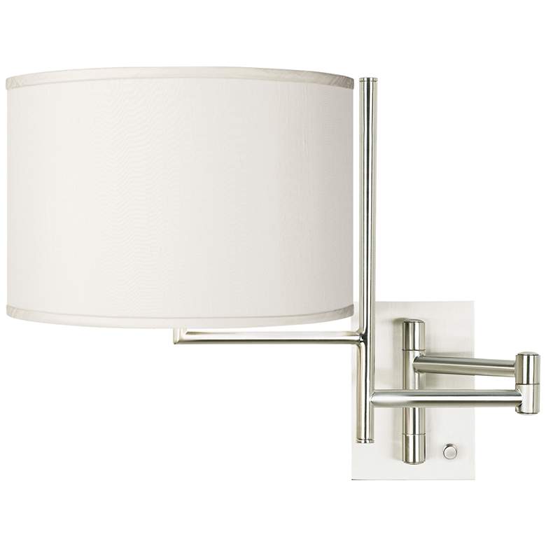 Image 1 Possini Euro Cream Faux Silk and Brushed Nickel Plug-In Swing Arm Wall Lamp