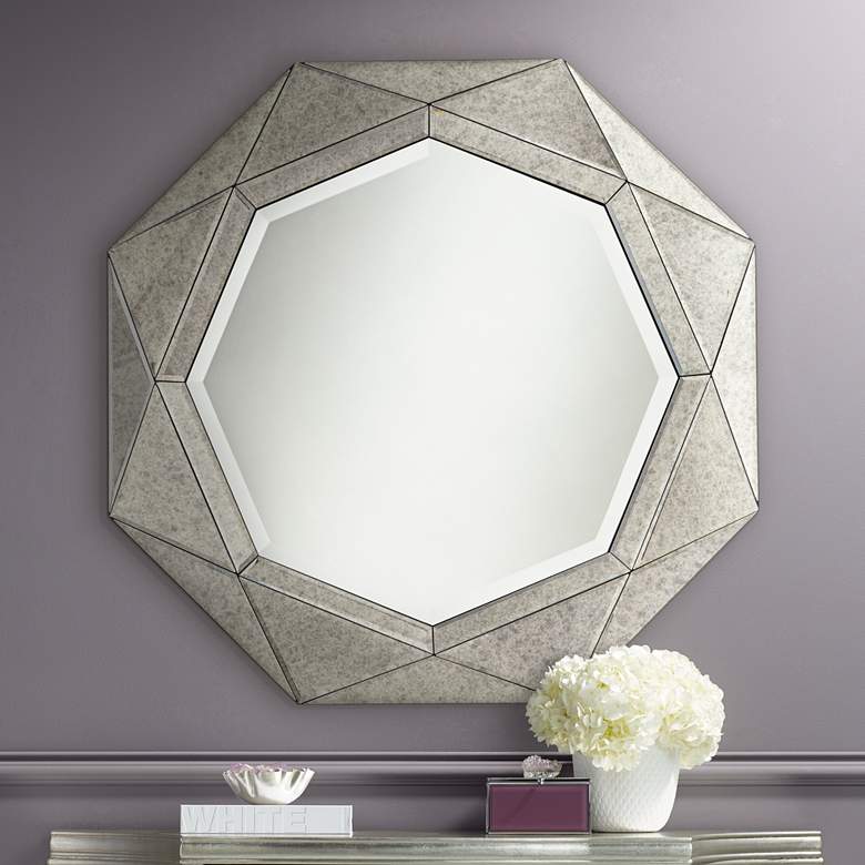 Image 1 Possini Euro Dana 31 1/2 inch Round Octagon Antiqued Gray Wall Mirror