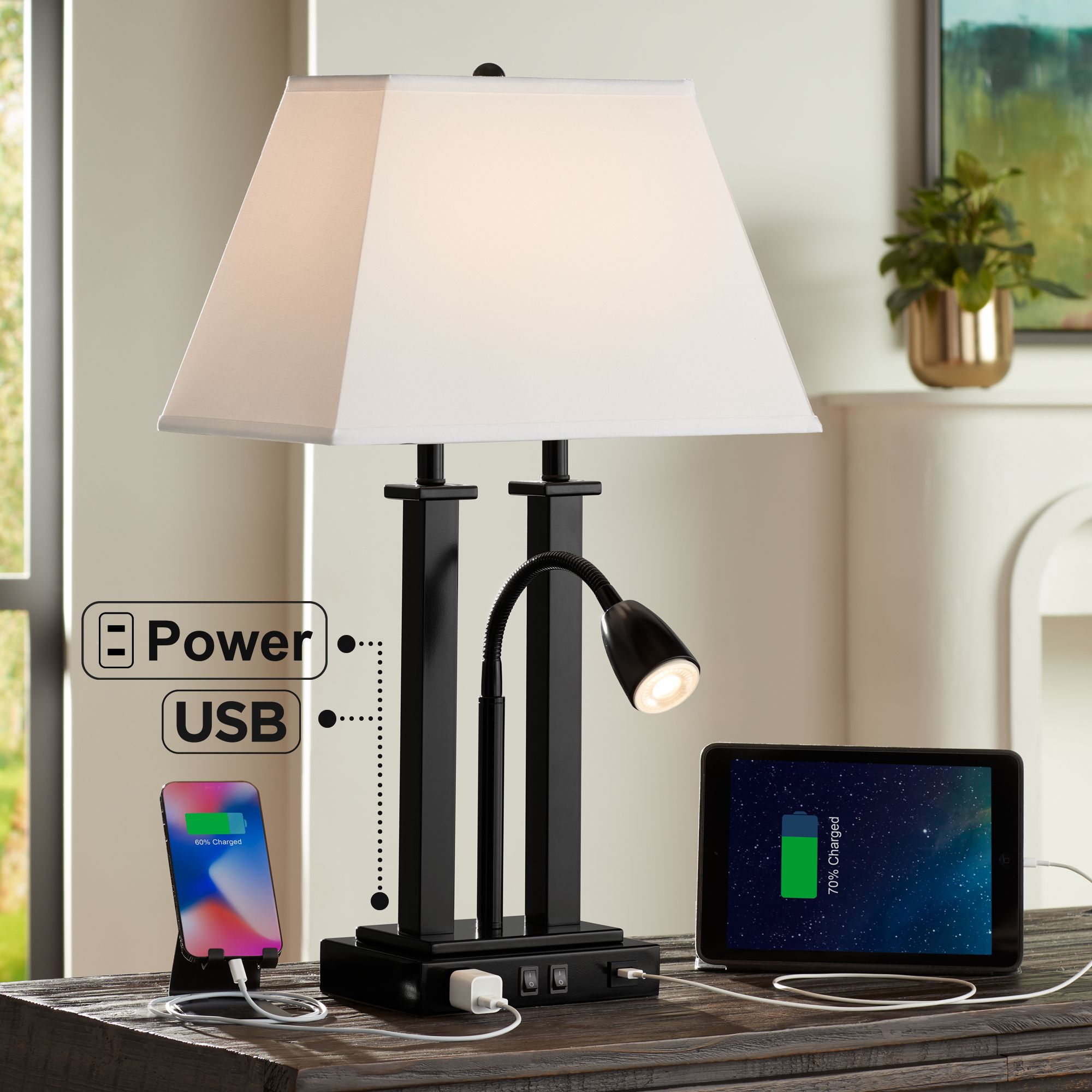 Possini Euro Deacon 26" Black Gooseneck USB Port and Outlet Desk Lamp