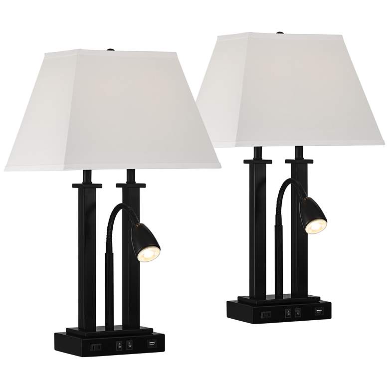 Image 2 Possini Euro Deacon 26 inch Black USB and Outlet Gooseneck Lamps Set of 2