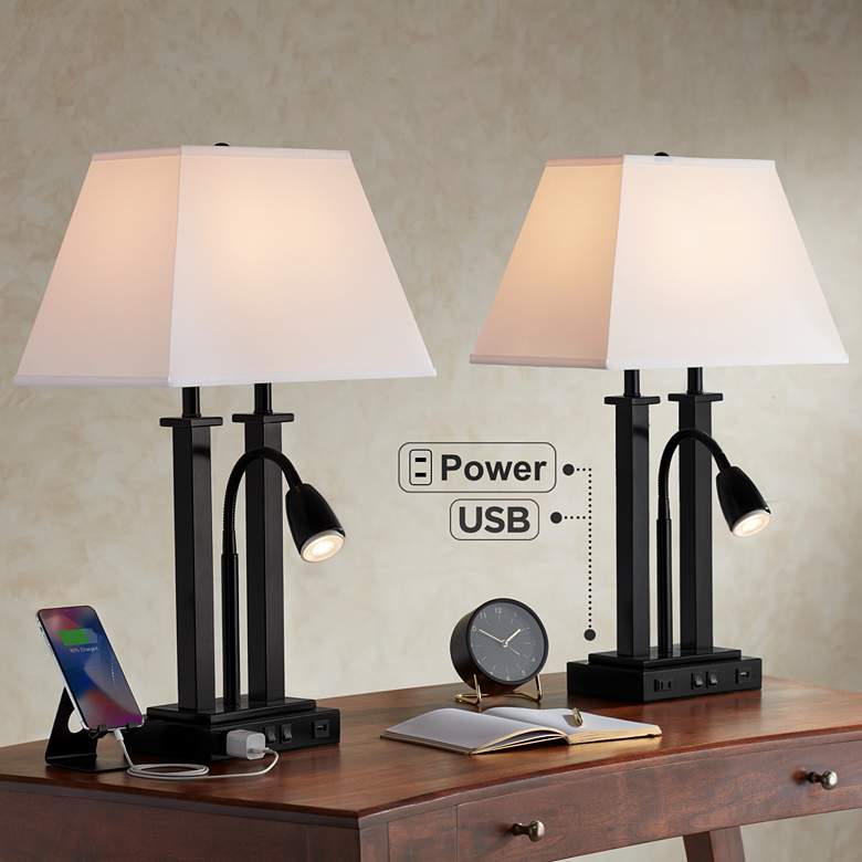 Image 1 Possini Euro Deacon 26 inch Black USB and Outlet Gooseneck Lamps Set of 2