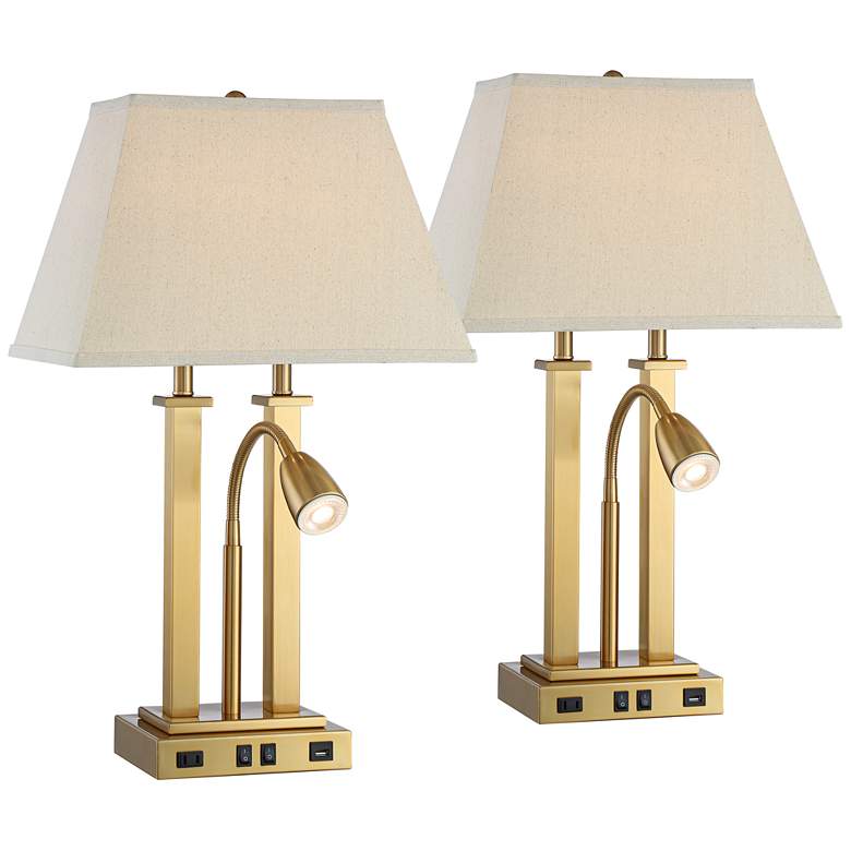Image 2 Possini Euro Deacon 26 inch Brass Gooseneck USB and Outlet Lamps Set of 2