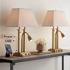 Image1 of Possini Euro Deacon 26" Brass Gooseneck USB and Outlet Lamps Set of 2