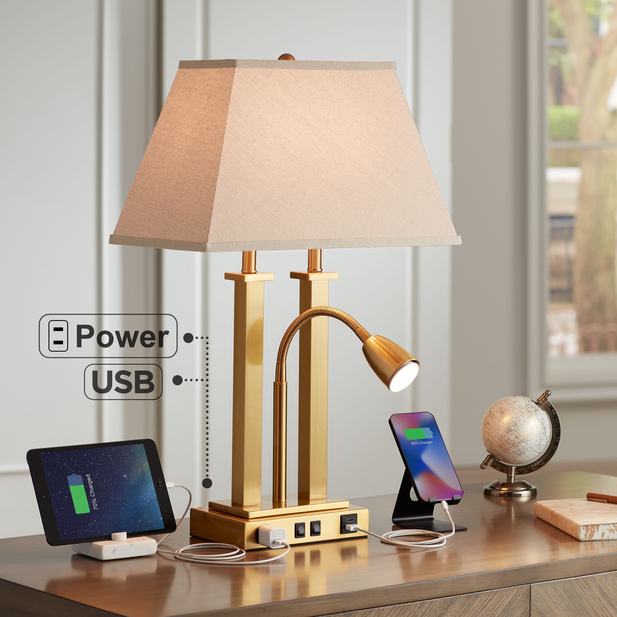Possini Euro Deacon 26" Brass Gooseneck USB Port and Outlet Desk Lamp