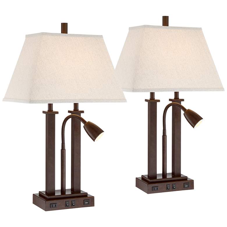 Image 2 Possini Euro Deacon 26 inch Bronze Gooseneck USB and Outlet Lamps Set of 2