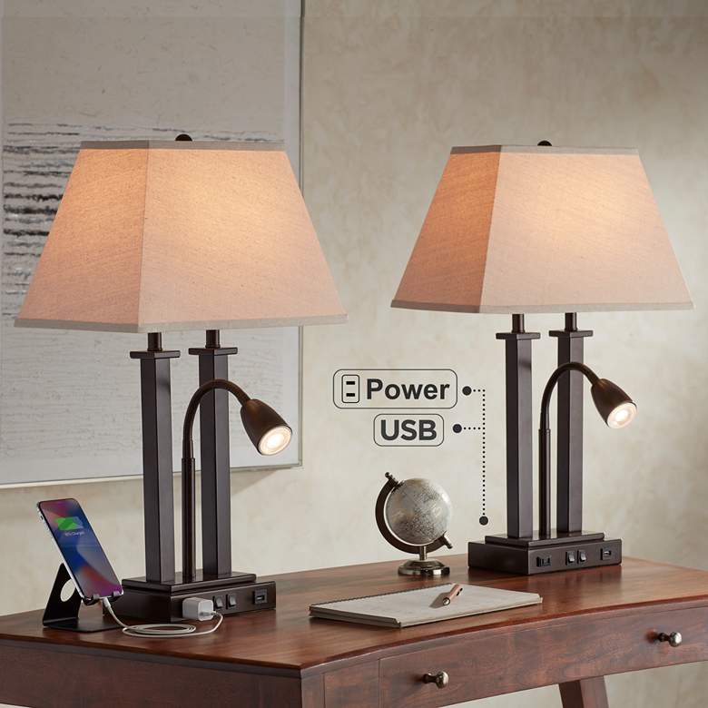 Image 1 Possini Euro Deacon 26 inch Bronze Gooseneck USB and Outlet Lamps Set of 2