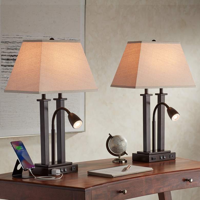 Image 1 Possini Euro Deacon 26" Bronze Gooseneck USB and Outlet Lamps Set of 2
