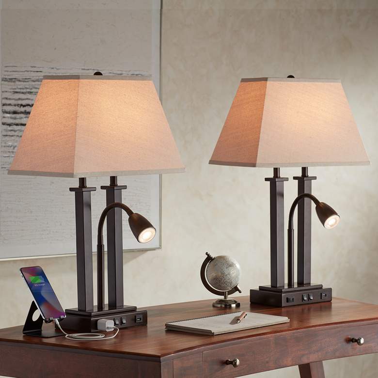 Image 1 Possini Euro Deacon 26 inch Bronze Gooseneck USB and Outlet Lamps Set of 2