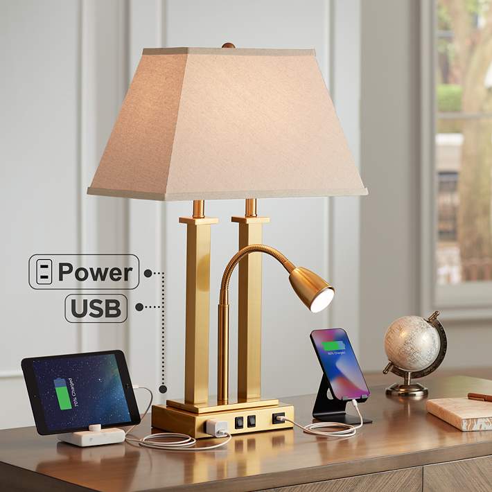 Possini Euro Deacon Brass Gooseneck Desk Lamp with USB Port and Outlet - | Lamps Plus