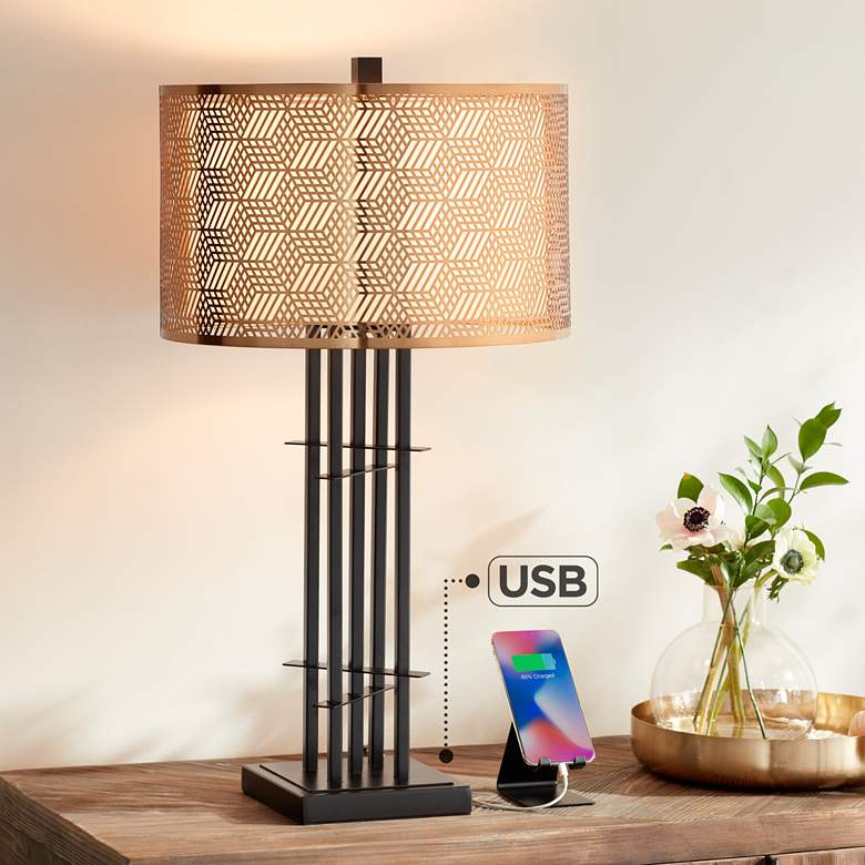 Image 1 Possini Euro Deborah 30 inch Black and Gold Table Lamp with USB Ports
