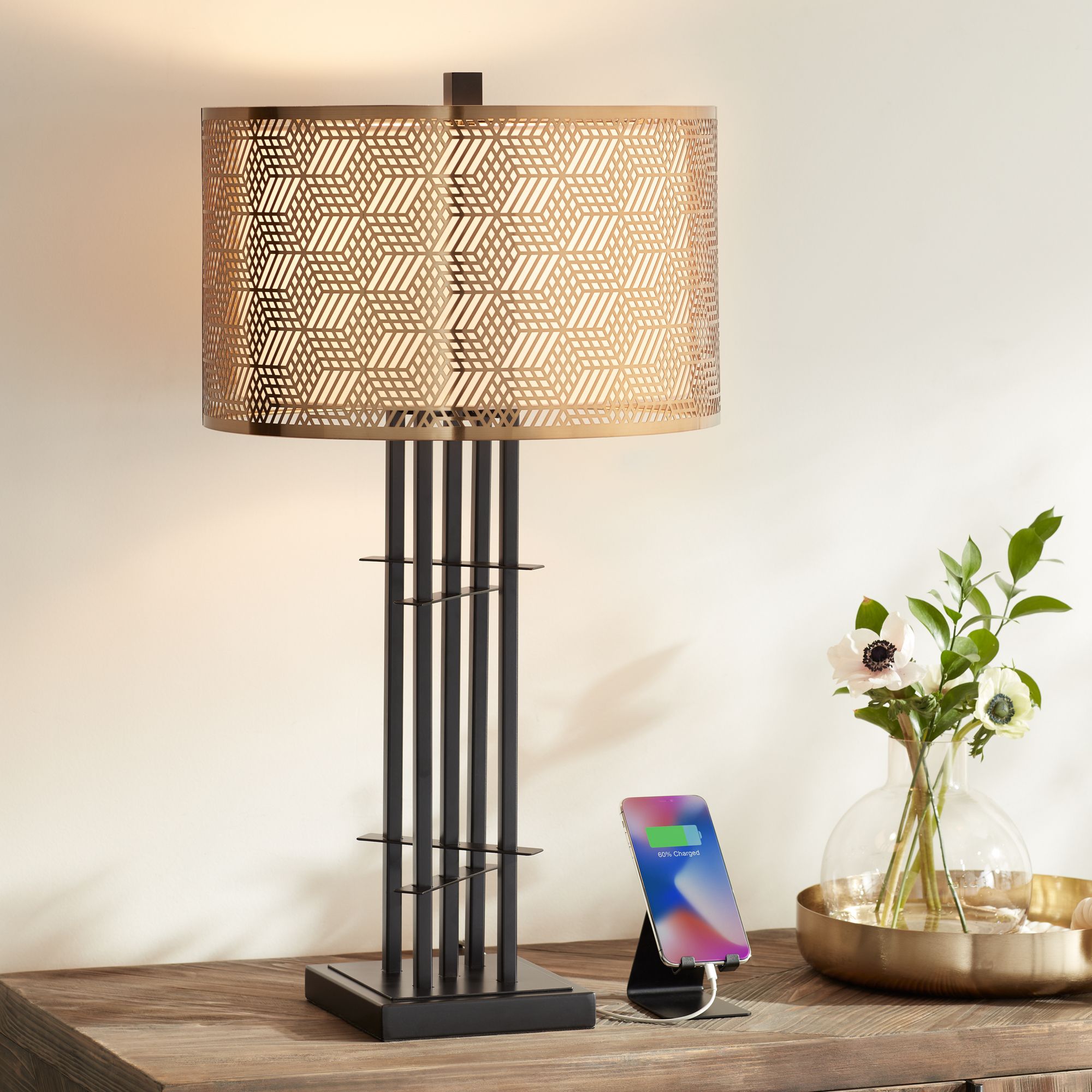 Possini Euro Deborah Black Metal and Gold Shade Table Lamp with USB Ports