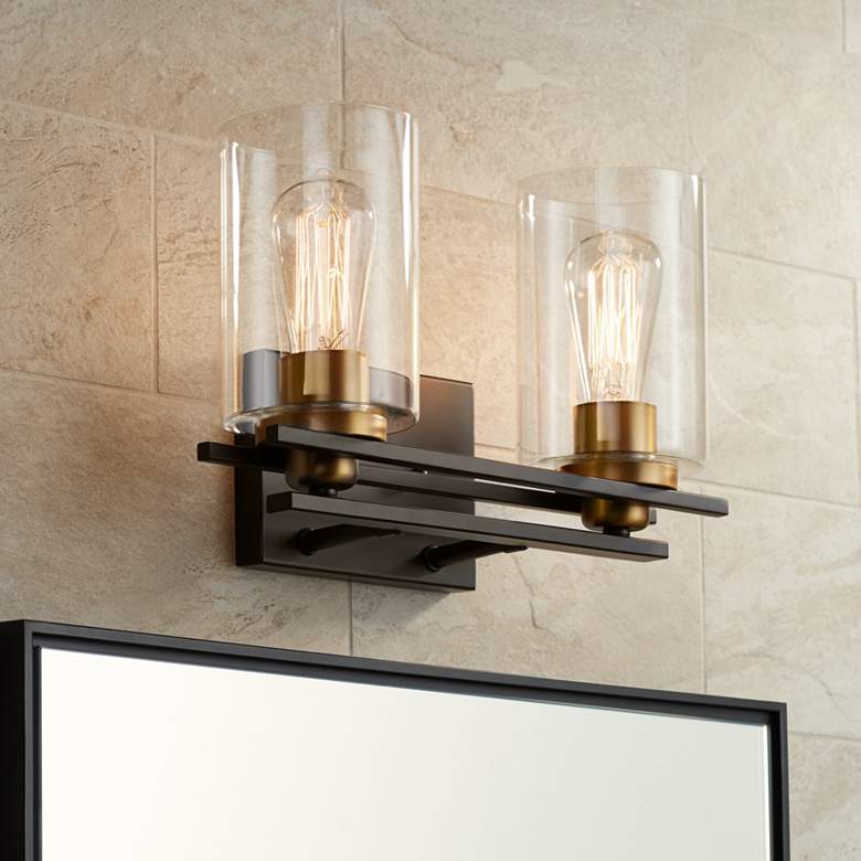 Image 1 Possini Euro Demy 14" Wide Bronze and Gold 2-Light Vanity Bath Light