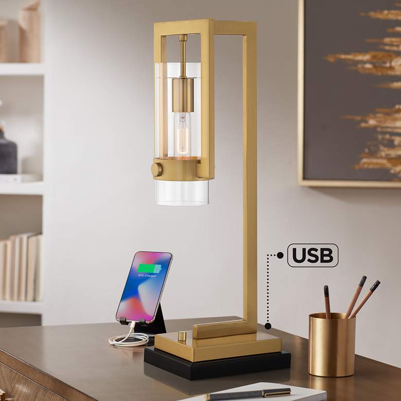 Image 1 Possini Euro Denali 25" Marble and Gold Desk Lamp with Dual USB Ports