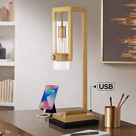 Image1 of Possini Euro Denali 25" Marble and Gold Desk Lamp with Dual USB Ports