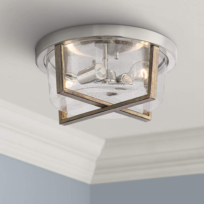 Image 1 Possini Euro Dery 13 inchW Nickel and Wood Grain Ceiling Light