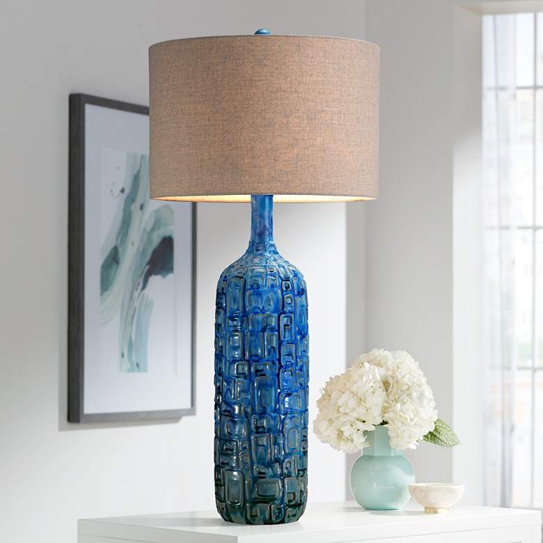 Possini Euro Design 36&quot; High Teal Blue Modern Ceramic Table Lamp