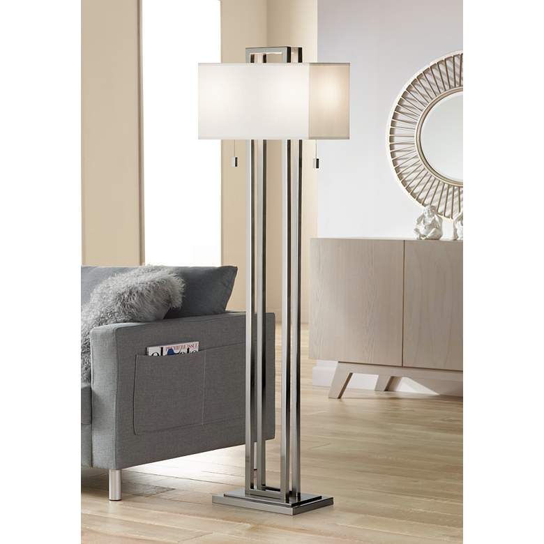 Image 2 Possini Euro Design Double Tier 62 inch Modern Brushed Nickel Floor Lamp