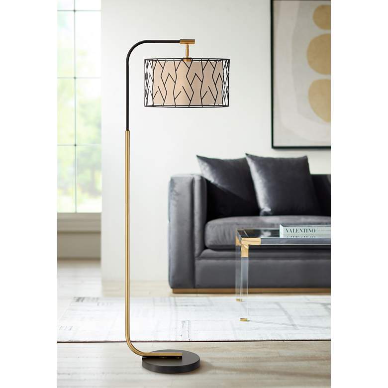 Image 1 Possini Euro Design Hawthorne Black and  Warm Gold Chairside Arc Floor Lamp