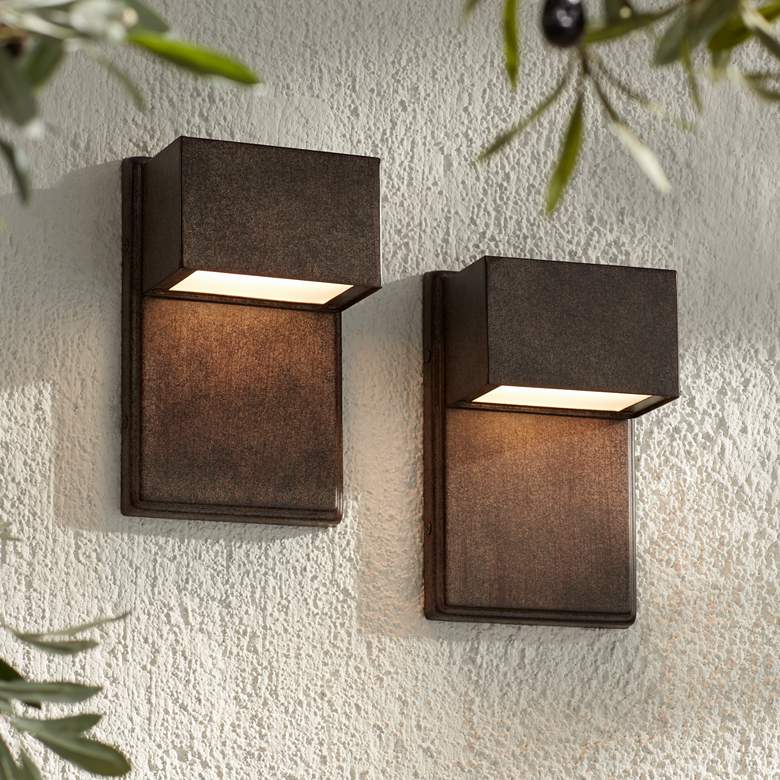 Image 1 Possini Euro Design Lyons 8 inchH Bronze Outdoor LED Wall Light Set of 2