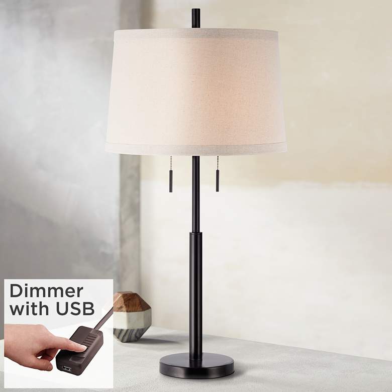 Image 1 Possini Euro Design Matte Dark Bronze Stick Table Lamp with USB Cord Dimmer