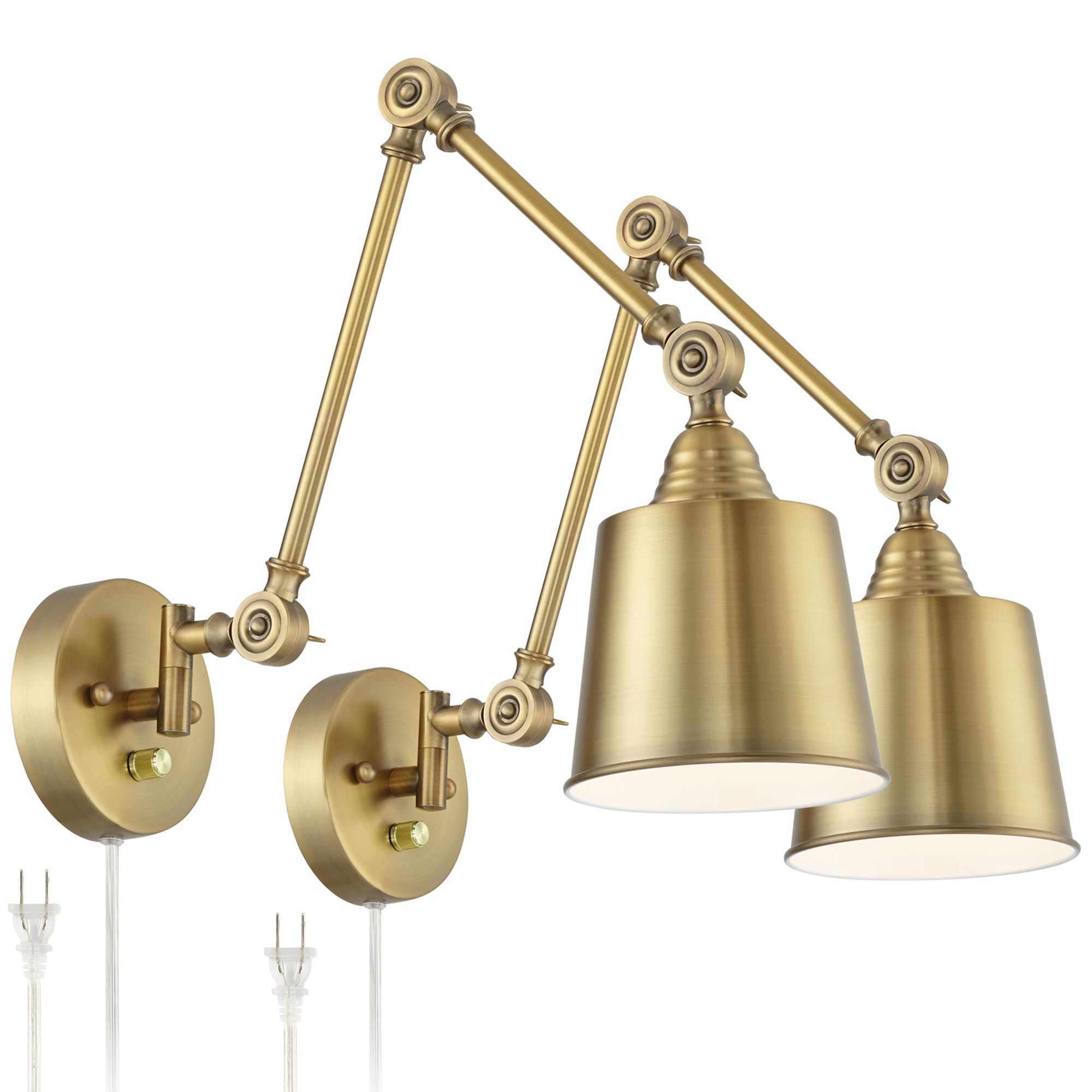 Image 2 Possini Euro Design Mendes Antique Brass Swing Arm Plug-In Wall Lamps Set/2