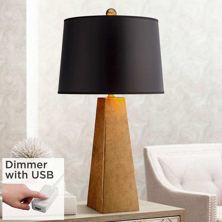 Image 1 Possini Euro Design Modern Gold Leaf Obelisk Table Lamp With USB and Dimmer