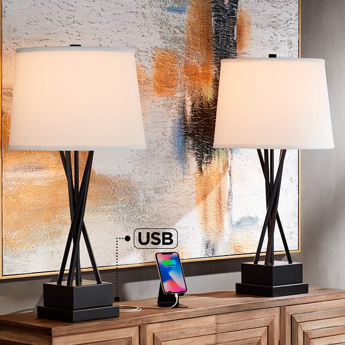 Possini Euro Design Neva Black Finish Modern USB Table Lamps Set of 2 -  #638H0 | Lamps Plus